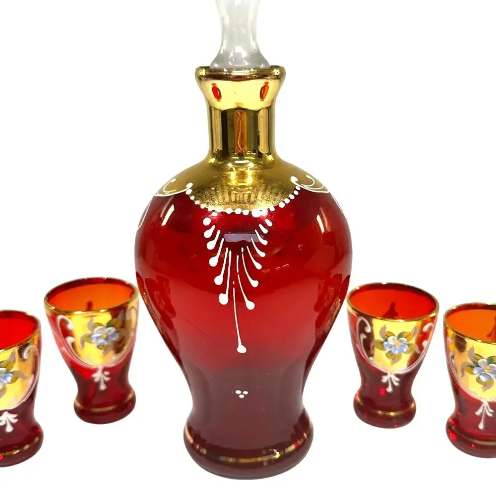Bohemian Cranberry Glass Decanter Shot Glass Set Hand Painted Gold Floral Design